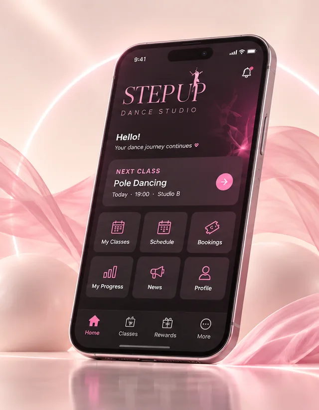 STEP UP Dance Studio mobile app showing a Pole Dancing class